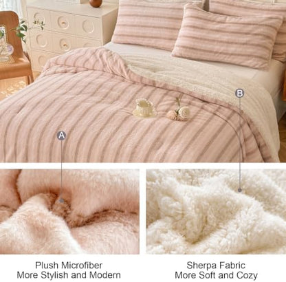 Cyusri Striped Sherpa Comforter Set 3Pcs Fluffy Warm Fleece Down Alternative, Pink Stripe Bedding Set with 2 Pillowcases, Queen Size 90"x90"