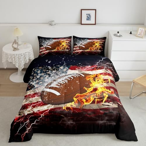 Boys American Football Comforter Set, United States Flag Down Comforter Queen Size, Soccer Sports Games Bedding Set for Kids Teens Adult Men, Geometric Stripes Retro Duvet Sets, Blue White and Red