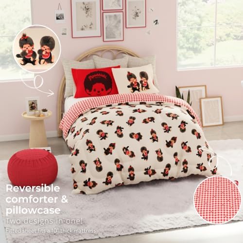 Franco Monchhichi Bedding 7 Piece Queen Bed Set, Soft Cozy Nostalgia Reversible Comforter and Sheet Set with Sham, Officially Licensed Product