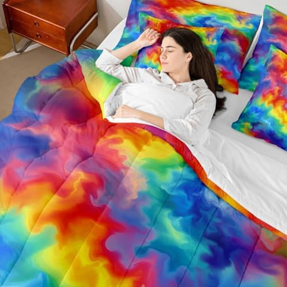 Erosebridal Tie Dye 7 Piece Bedding Set Queen Rainbow Comforter Set with Sheets Pastels Bed in A Bag Kids Girls Women Colorful Bed Sets with 2 Pillowcases, 2 Throw Pillow Covers