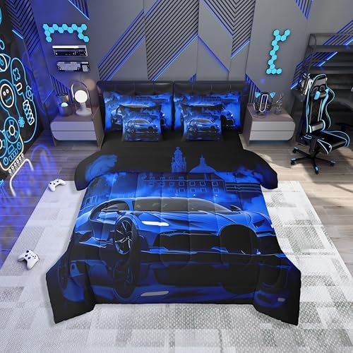 jejeloiu Kids Race Car Comforter Set with Sheets Queen Size Extreme Sport Games Bedding Set for Boys Girls Bedroom Decor Modern Blue Bed in a Bag Soft Lightweight Microfiber