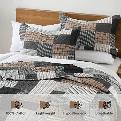 PERHOM Quilt King Size - 100% Cotton Lightweight Bedspread - Gray Brown Black White Plaid Patchwork Soft Reversible Quilt King Size for Bed Set All Season, 3 Pieces