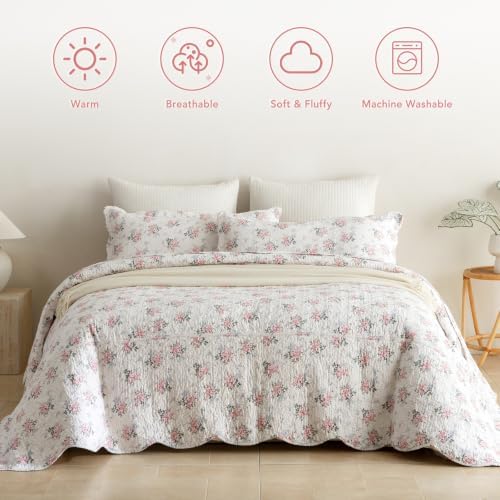 Lady Ann Cotton Floral Quilt Set, Vintage Oversized King Bedspread 120x120 for Extra Large Bed, Blush Pink Rose Pattern Printed Quilted Coverlet with Scalloped Edge, 3 Pcs Bedding Set