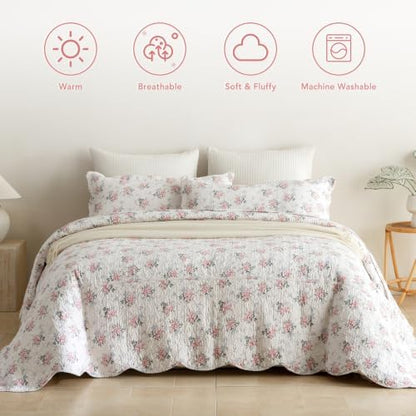 Lady Ann Cotton Floral Quilt Set, Vintage Oversized King Bedspread 120x120 for Extra Large Bed, Blush Pink Rose Pattern Printed Quilted Coverlet with Scalloped Edge, 3 Pcs Bedding Set