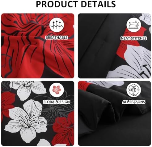 Luxudecor Red Black Comforter Set Queen Size, 7 Pieces Floral Bed in a Bag