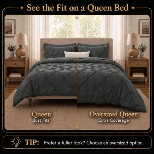 CozyLux Queen Comforter Set Dark Grey, 7 Pieces Pintuck Bed in a Bag