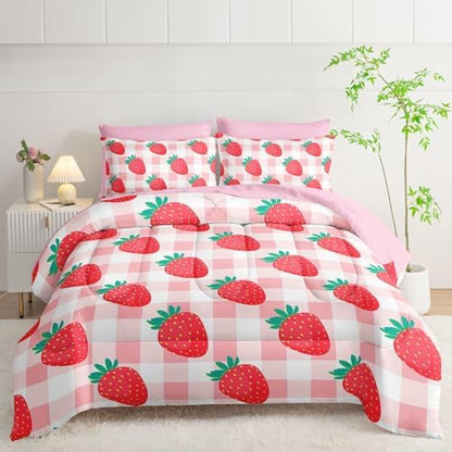 7Pcs Comforter Set Cartoon Strawberry Pink White Checkered Printed Bedding Set with 1 Comforter,1 Flat Sheet,1 Fitted Sheet,4 Pillowcases Bedroom All Season(Full)