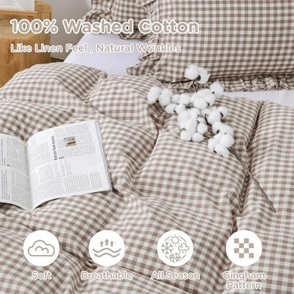 ATsense Gingham Ruffle Duvet Cover Set Cotton Like Linen, Oversized Queen