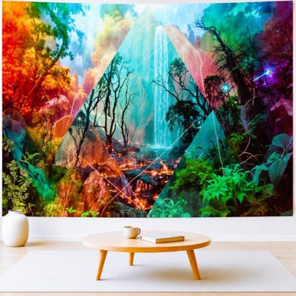 Delur Forest Tapestry Waterfall Mountain Rainforest Sunset Nature Tree Tapestry Wall Hanging Scenic Tropical Landscape Natural Sunrise Headboard for Bedroom Living Room Home Decor (51.2" x 59.1")