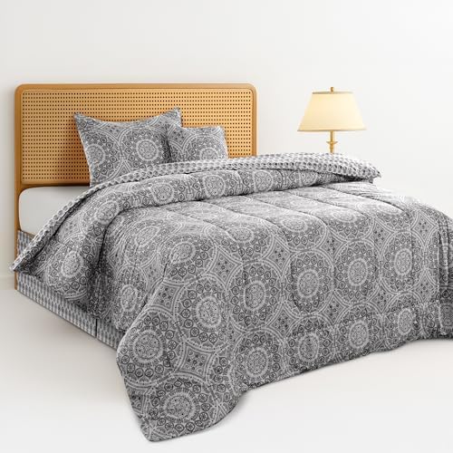 LUX Décor Reversible 4pc Twin Comforter Set, Printed Bedding Set, All-in-One Bed in a Bag, Includes 1 Comforter, 1 Pillow Sham, 1 Decor Pillow & 1 Bed Skirt (Aztec Grey,Twin)