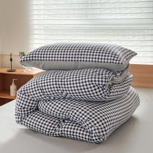 NSNLGSGC Navy Gingham Duvet Cover Set, Queen, Dark Blue Grid