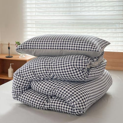 NSNLGSGC Navy Gingham Duvet Cover Set, King, Dark Blue Grid