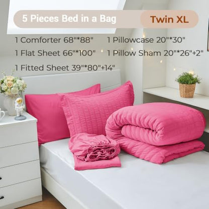 MUXHOMO 5 Pieces Twin XL Comforter Set, Seersucker Bed in a Bag Twin XL Size, All Season Luxury Bedding Set with Comforter, Flat Sheet, Fitted Sheet, Pillowcase & Sham, Hot Pink