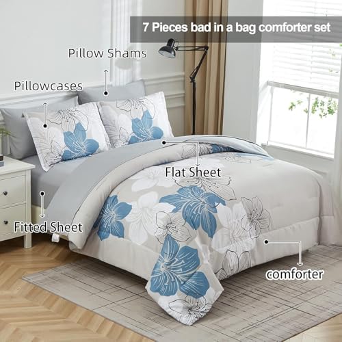 Luxudecor Floral Comforter Set Full Size, Blue Floral Comforter and Sheet Set, 7 Pieces Bed in a Bag Soft Microfiber Complete Bedding Sets for All Seasons 80"×90"