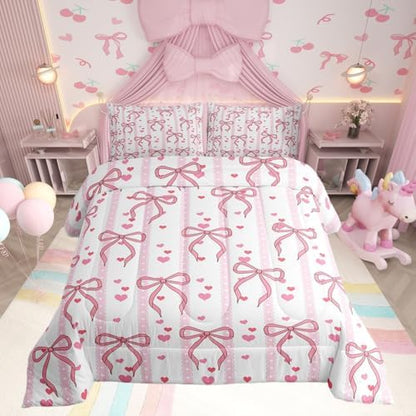 Castle Fairy Cute Pink Bows Comforter Set Queen Size,Dreamy Princess Style Down Alternative Adults Room Decor,Romantic Pink Ribbon Ultra Soft Microfiber Inner Fill 3Pcs Bedding