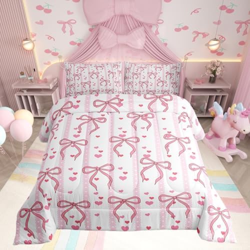 Castle Fairy Cute Pink Bows Twin Size Comforter Set,Dreamy Princess Style Duvet Set Soft Bed Collection,Romantic Pink Ribbon Bedding Comforter for Boys Girls Bedroom,2 Pcs