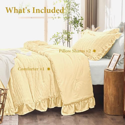 JOLLYVOGUE King Size Comforter Set, 3 Pieces Light Yellow Seersucker Comforters King Size, Lightweight & Fluffy Bedding Sets King for All Season with 1 Ruffle Comforter and 2 Ruffle Pillowshams