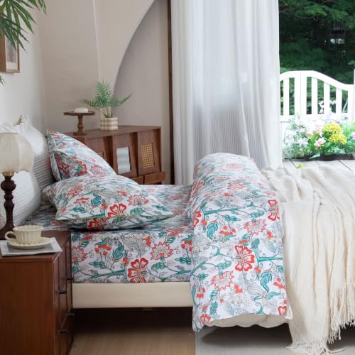 FADFAY Cal King White Teal 100% Egyptian Cotton Sheets Set 4 Piece, Vintage Botanical Garden Floral Sheets, Luxury Soft Breathable Cottagecore Bedding with Deep Pocket Fitted Sheet for All Seasons