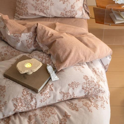 VM VOUGEMARKET Monet Flower Duvet Cover King 3 Pieces Retro Jacquard Floral Bedding Set,Linen Cotton Yarn-Dyed Textured Comforter Cover with Bowknot-104 x90,Pumpkin