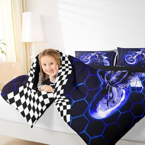 Feelyou Racing Motocross Rider Kids Bedding Set,Boys Girls Toddler Size,Dirt Bike Comforter Set,Extreme Sports Ultra Soft Duvet Quilt,Colorful Modern Comforter Honeycomb Flag Print Bedroom Decor