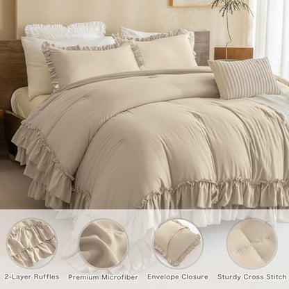 Masaca Ruffled Comforter Set Queen,3-Piece Farmhouse Shabby Boho Chic Bedding,Ultra Soft Linen Feel Textured Bed Comforter Set (1 Ruffle Comforter+2 Pillow Shams)