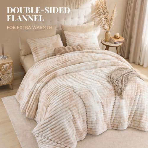 Smoofy Fluffy Full Size Comforter 3 PCS - Tie Dye Beige Fleece Bedding Set