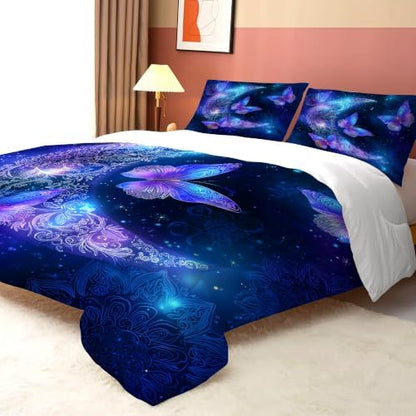 Blue Butterfly Comforter Full/Queen, Mandala Bedding for Girls