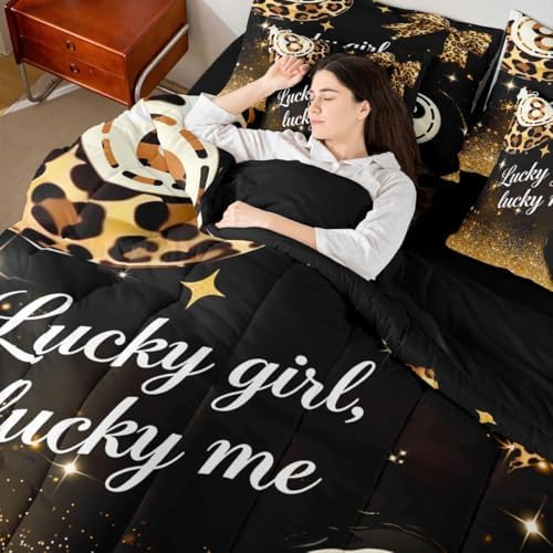 Erosebridal Brown Leopard Bow 7 Piece Bedding Set Twin Size,Y2K Lucky 8 Ball Comforter Set Fashion Cheetah Print Bowknot Bed in A Bag with Sheets Preppy Room Decor,Black Gold Trendy Luxurious Bed Set