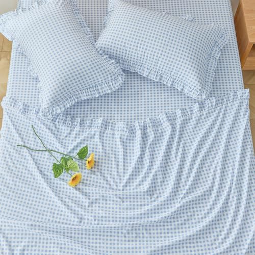 Gingham Twin Sheet Set, Lightweight Super Soft Brushed Microfiber Plaid Bed Sheets with 16" Deep Pocket, 3 Piece Ruffle Farmhouse Bedroom Decor, Light Blue