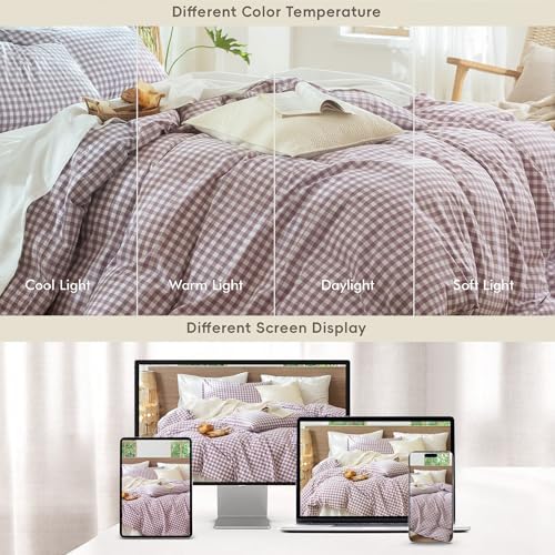 MooMee Gingham Duvet Cover Set 100% Washed Cotton Linen Like