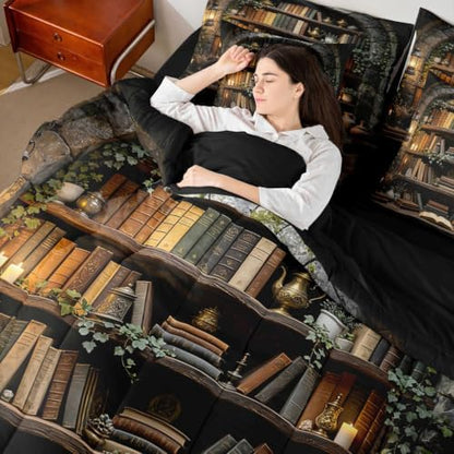 Erosebridal Bookshelf 7 Piece Bedding Set Queen Vintage Rustic Witchy Comforter Set with Sheets Dark Farmhouse Country Books Bed in a Bag Wooden Board Reading Bed Sets Comforter