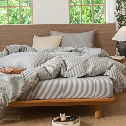 MooMee Striped Duvet Cover Set 100% Washed Cotton Linen Like Super King