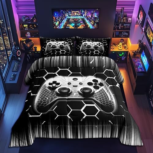 Manfei Videogames Reversible Comforter Set Twin Size, Geometric Honeycomb Gameapd Down Comforter with 1 Pillowcase, Modern Gamer Bedding Set 2pcs for Kids Boys Room Decor Gaming Duvet Insert