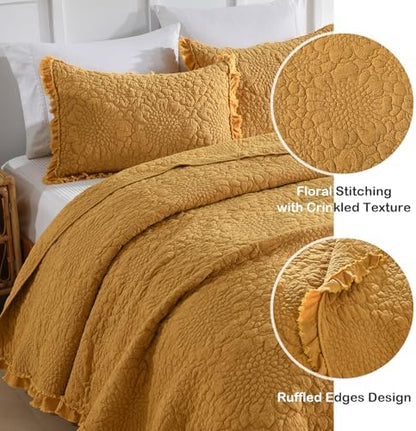 HORIMOTE HOME Yellow Ruffled Quilt King Size, Shabby Chic Floral Quilt Set Lightweight Crinkled Farmhouse Rustic Bedding Set, 3 Pieces Reversible Bedspread with 2 Pillow Shams for All Season