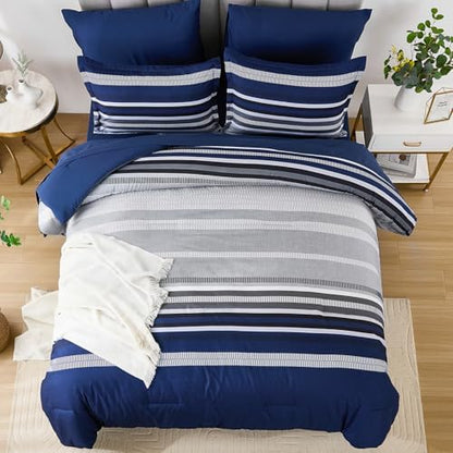 Dobuyly Navy Blue Comforter Full Size Set 7 Pieces, Boho Striped Bed in a Bag Full Soft Microfiber All Season Bedding Set with Comforter, Sheets, Pillowcases & Shams