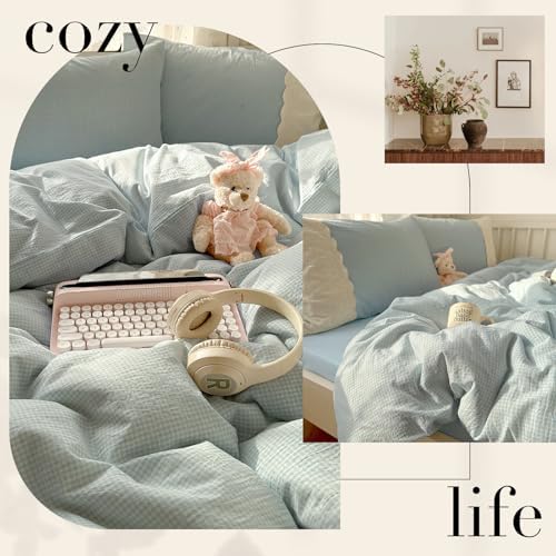 VM VOUGEMARKET Blue Plaid Duvet Cover Set Queen Romantic Lace Duvet Cover with 2 Pillowcases Sky Blue Gingham Comforter Cover for Teen Girls