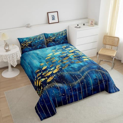 Homewish Gold Fish Silhouette Bedding Set Full Size,Blue Watercolor Comforter Set 3Pcs for Kids Girls Boys Teens Room Decor,Vintage Abstract Art Quilt Set Luxury Stripes Duvet Insert,2 Pillowcases
