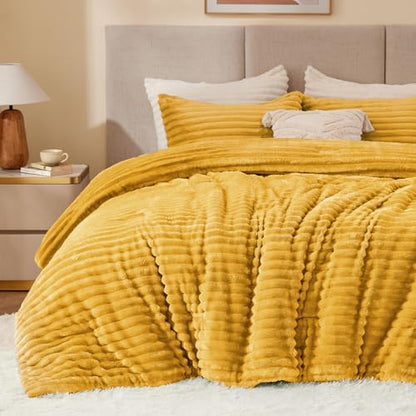 BEDELITE Fleece California King Comforter Set, Fluffy Bed Set, Mustard