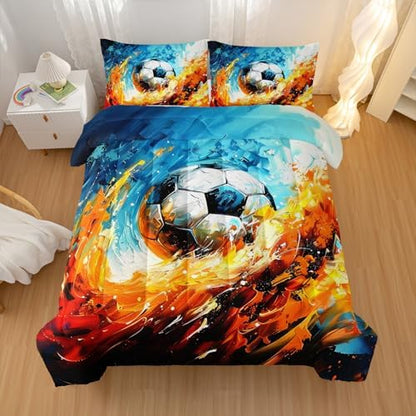 Nttopship Sports Soccer Comforter Set King Size Bedding Sets 3PCS for Kids Teen Adult Sports Room Decor Ultra-Soft Lightweight Microfiber 1 Comforter with 2 Pillowcases
