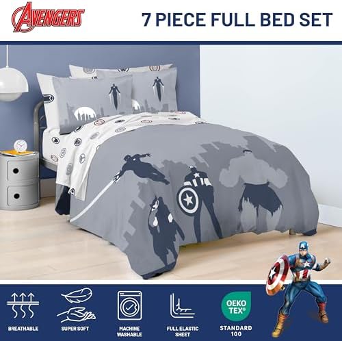 Marvel Avengers Full Comforter Set 7 Piece Soft Bedding for Boys, Blue