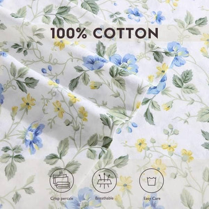 Laura Ashley Home - Standard Pillowcase Set, Cotton Sateen Bedding, Smooth & Wrinkle-Resistant (Meadow Floral Blue/Yellow, 2 Piece)