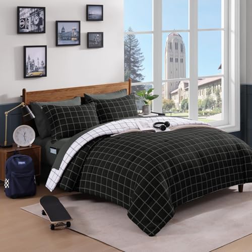 Plaid Twin XL Comforter Set Black 5 Pieces Bed in a Bag for College Dorm