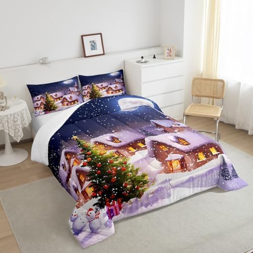 Castle Fairy Merry Christmas Full Size Comforter Set Cute Snowman Bedding Set for Kids Adults Teens Santa Claus and Reindeer Comforter Luxury Snowy Night Quilt Set Room Decor 3Pcs