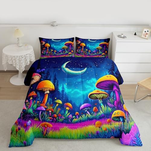 Manfei Mushroom Kids Comforter Set Full Size,Star Moonlight Galaxy Magical Bedding Set,Girls Boys Room Decor,Mysterious Plant Quilt Comforter,Colorful Duvet Set Bedroom Quilt Set,2 Pillowcases