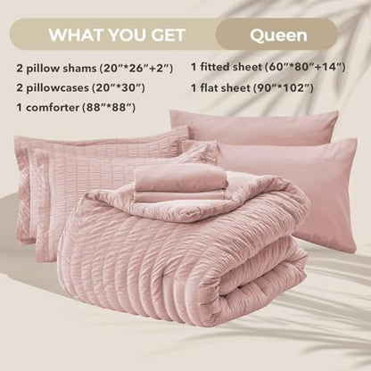 HYMOKEGE Rose Gold Queen Comforter Set Seersucker 7 Pieces, All Season Luxury Bed in a Bag for Bedroom, Bedding Set with Comforters, Sheets, Pillowcases & Shams