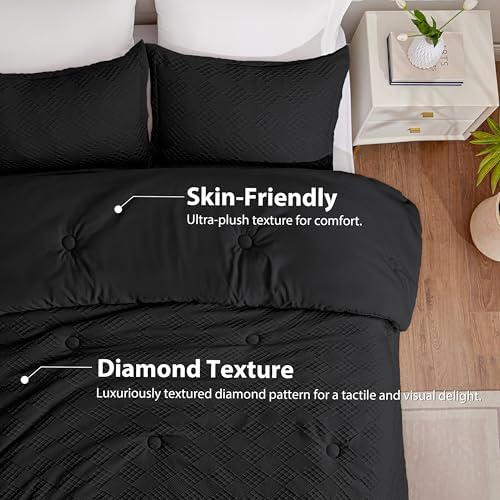EXQ Home Waffle Comforter King Size - Super Soft Embossed Design Comforter Set 3 Pieces, Black 3D Diamond Pattern Bedding Set,Winter Warm Bed Set,1 Comforter with 2 Pillowcases