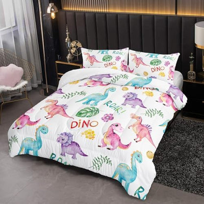 Cartoon Dinosaur Comforter Set Full 3Pc Kawaii Dinosaur Bedding Set All Season with Tree, Leaf Decoration Includes 1 Comforter, 2 Pillowcases for Kids Girls Teens