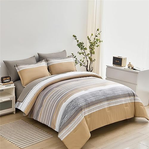 KAKIJUMN Striped Comforter Set Twin Size, 5 Piece Bed in a Bag, Warm Tan