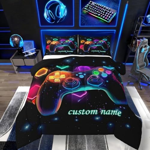 Customized Game Consoles Boys Full Size Bedding Set Gamer Gifts,Personalized Gaming Comforter Sets for Boys Space Glow Geometric Kids Comforter Sets Red Green Blue Teal,Gaming Room Decor