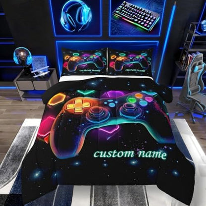 Erosebridal Customized Game Consoles Toddler Bedding Sets for Boys, Personalized Gaming Comforter Sets, Space Geometric Kids Comforter Set, Red Green Blue Teal, Game Room Decor, Gamer Gifts